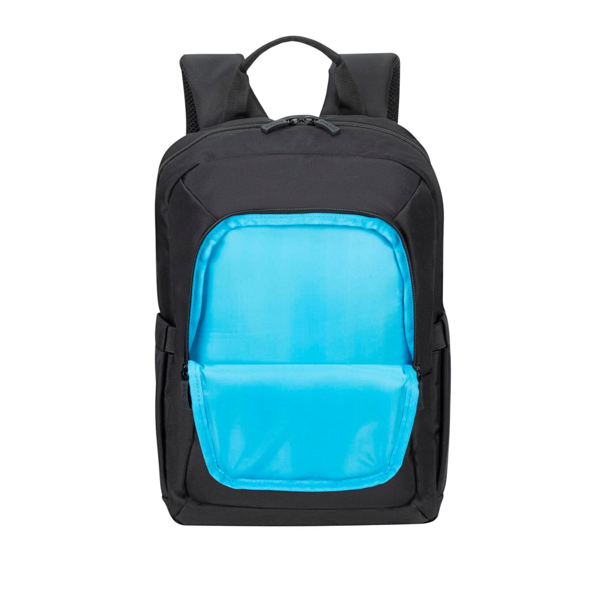 Ein schwarzer Rucksack mit hellblauem Innenraum, die Tasche ist geöffnet und zeigt die Innenfächer.