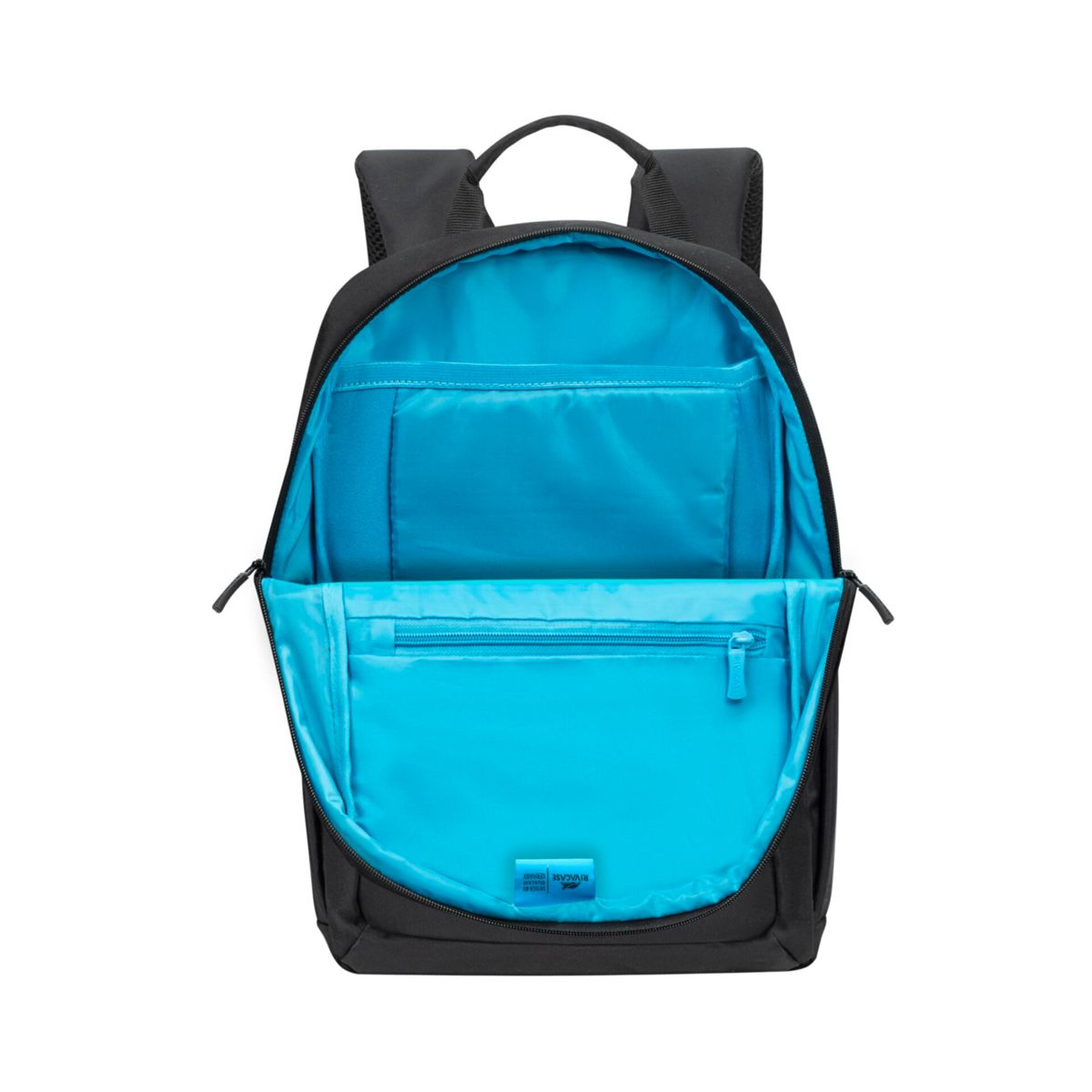 Schwarzer Rucksack mit türkisfarbenem Innenraum. Der Rucksack ist offen, und Reißverschlüsse sind sichtbar. Er hat einen Griff.