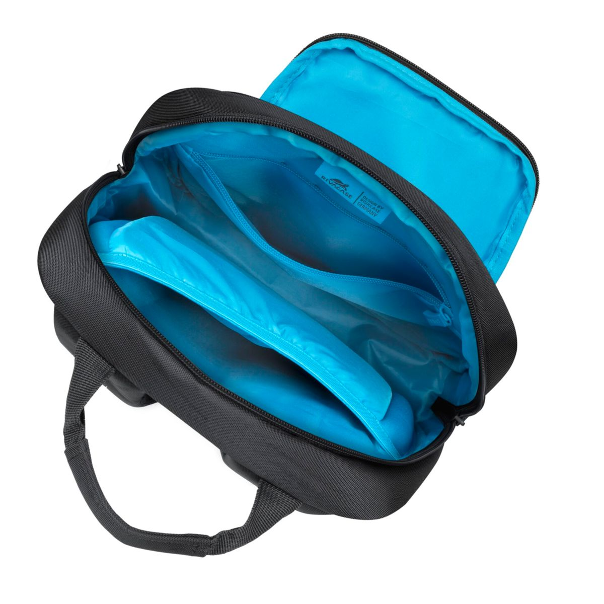 Schwarzer Rucksack mit offenem Deckel, blaues Innenleben mit Fächern.