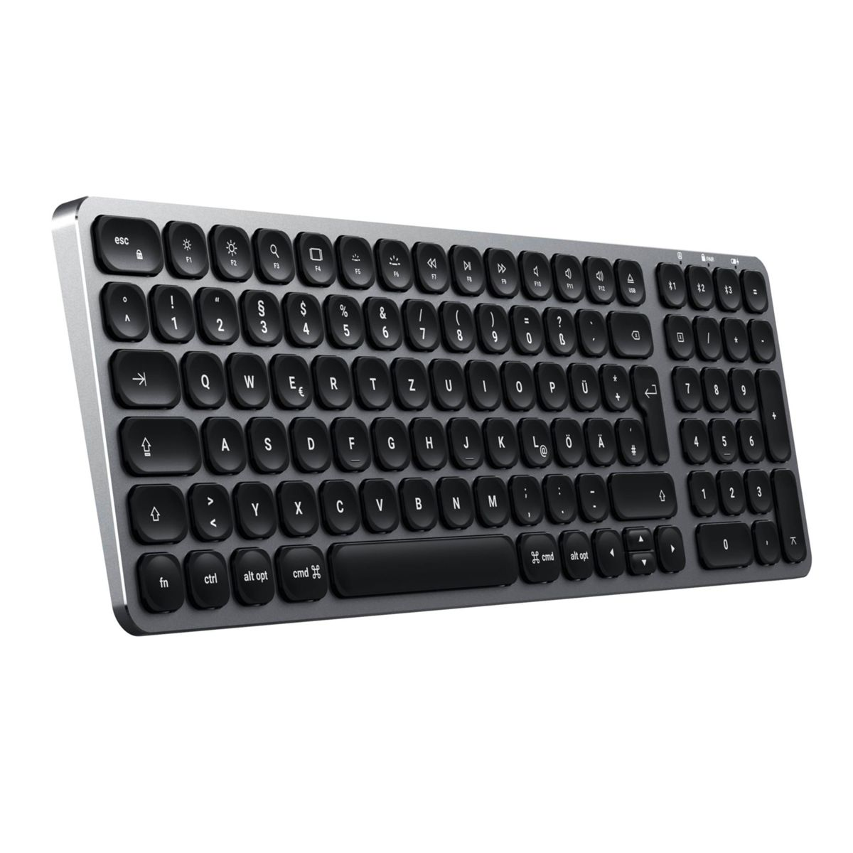 Eine graue Tastatur mit schwarzen Tasten. Sie hat einen silbernen Rand und ein modernes Design.