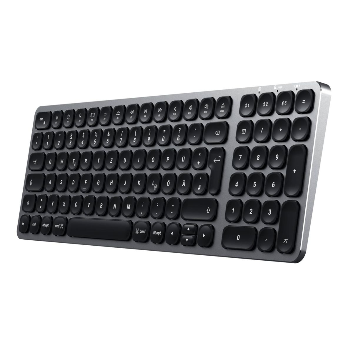 Eine silberne Tastatur mit schwarzen Tasten. Sie hat einen Ziffernblock und Funktionstasten. Es liegt auf einer weißen Oberfläche.