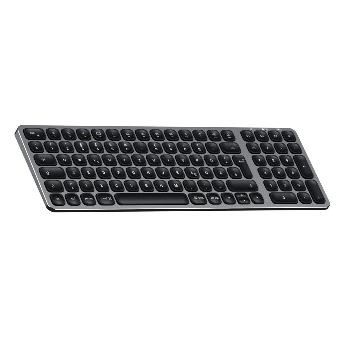 Graue Tastatur mit schwarzen Tasten und silbernen Kanten. Standard-Layout mit Funktionstasten.