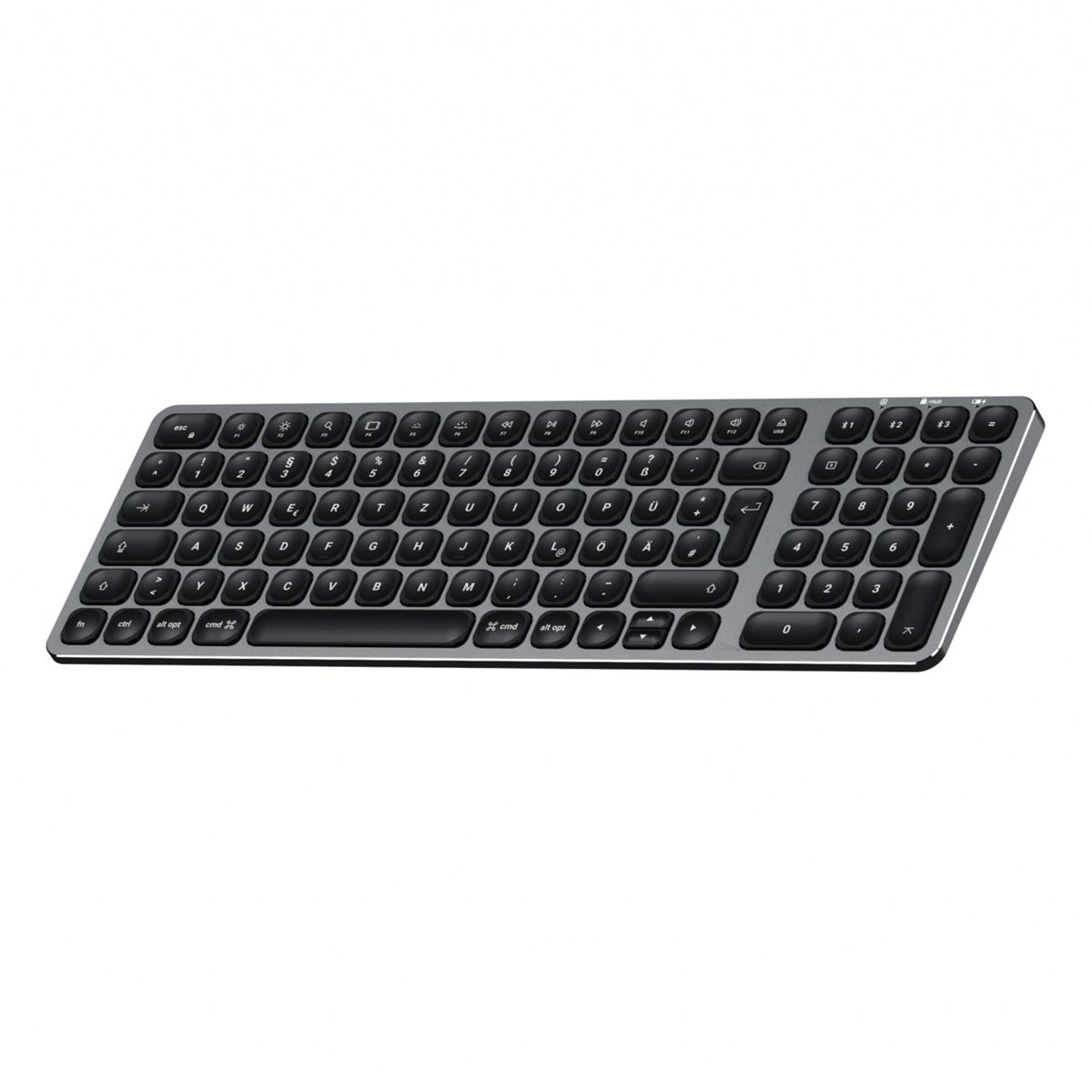Eine silberne Tastatur mit schwarzen Tasten. Es ist ein schlankes Design mit Ziffernblock und Funktionstasten.