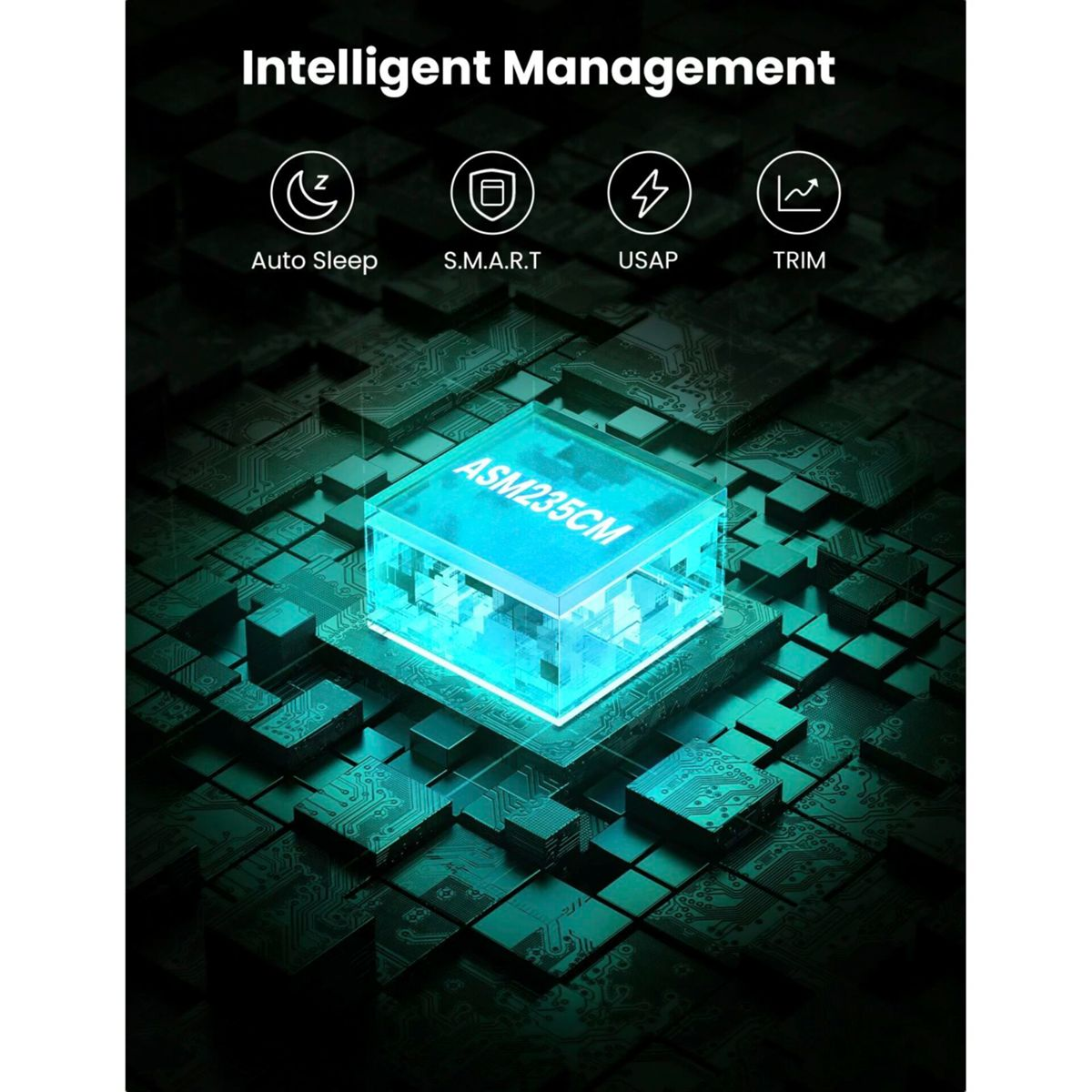 Ein abstraktes Bild mit dem Text 'Intelligent Management' und Symbolen, mit einer 3D-Leiterplatte als Hintergrund.
