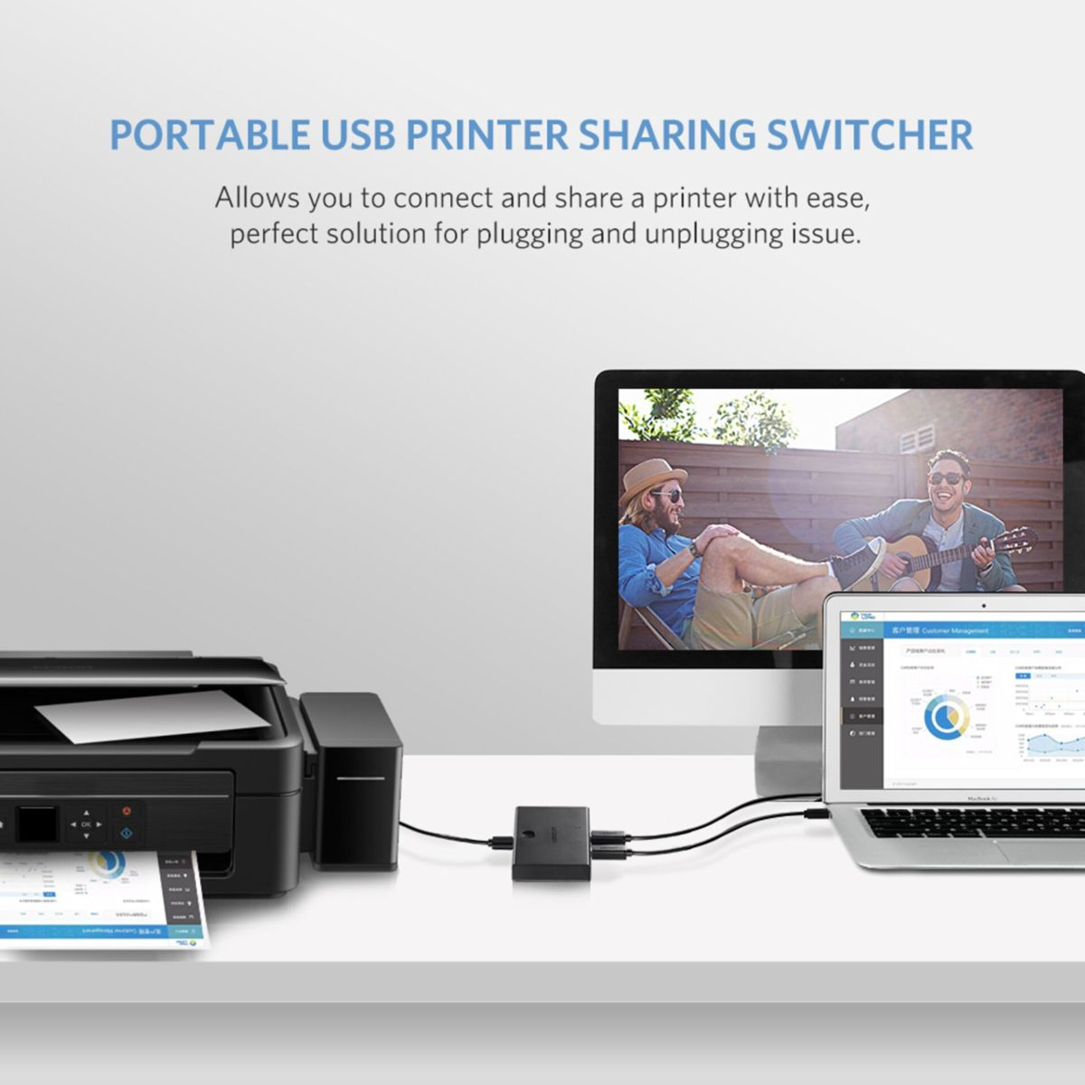 Obraz przedstawiający drukarkę, laptopa i monitor z tekstem 'Portable USB Printer Sharing Switcher'.