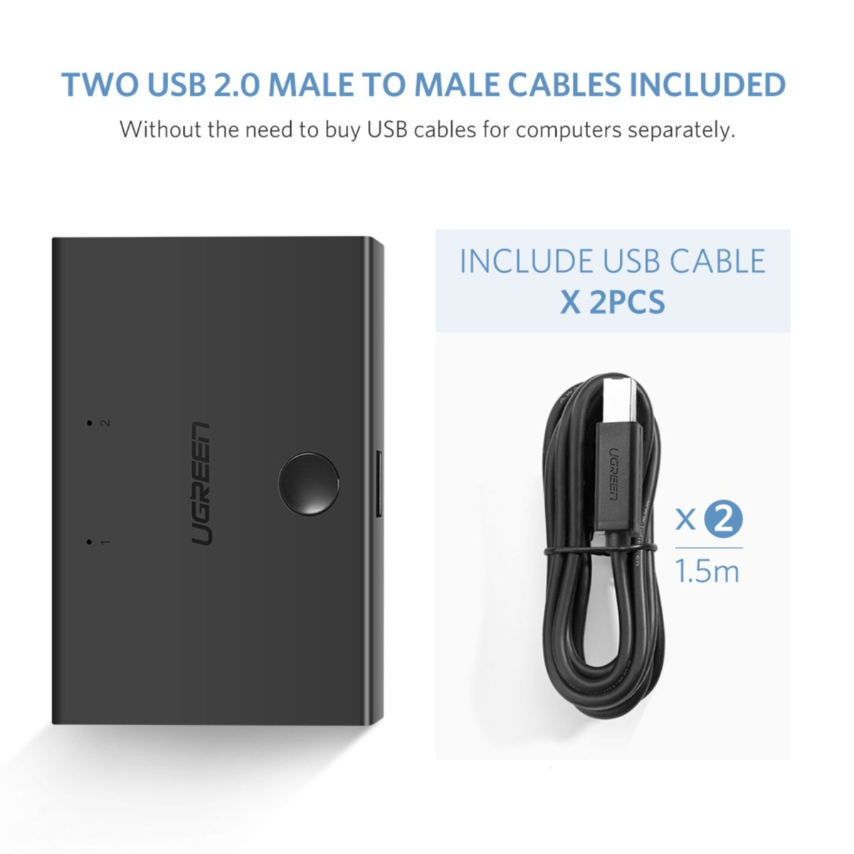Czarne urządzenie, kabel USB i tekst 'TWO USB 2.0 MALE TO MALE CABLES INCLUDED'.