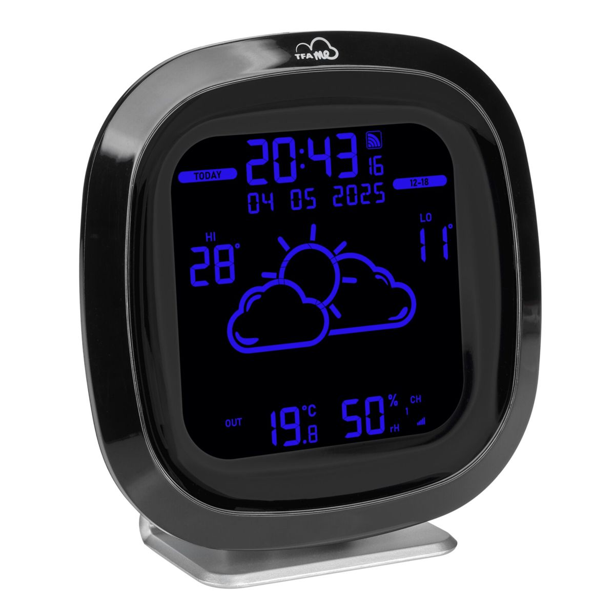 Eine schwarze Wetterstation, die Zeit, Datum, Temperatur und Wetterbedingungen mit blauem Text anzeigt.