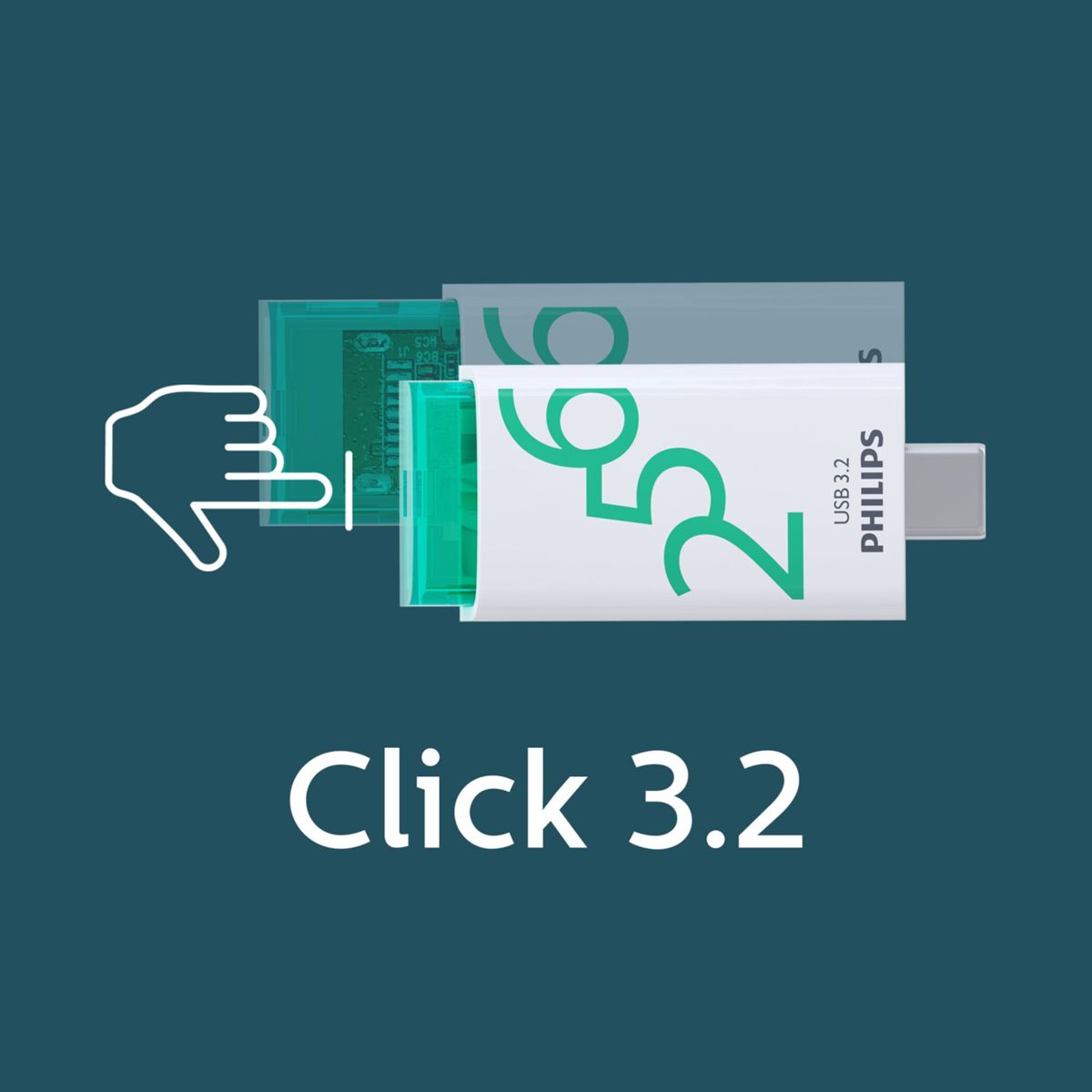 Biały i zielony pendrive z napisem '256' i 'PHILIPS', z dłonią wskazującą na niego.