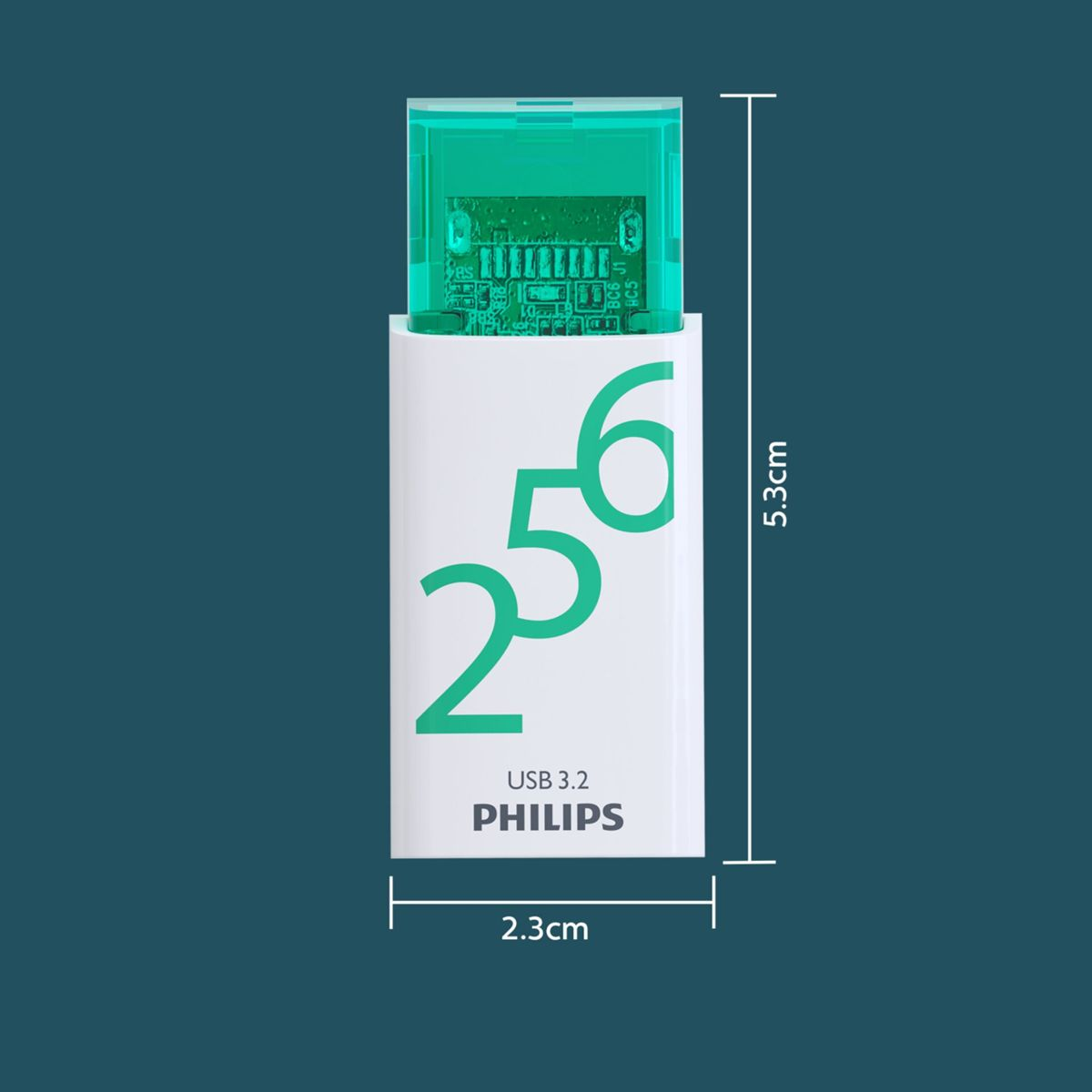 Biały i zielony pendrive USB z napisem '256'. USB 3.2, Philips napisane poniżej.
