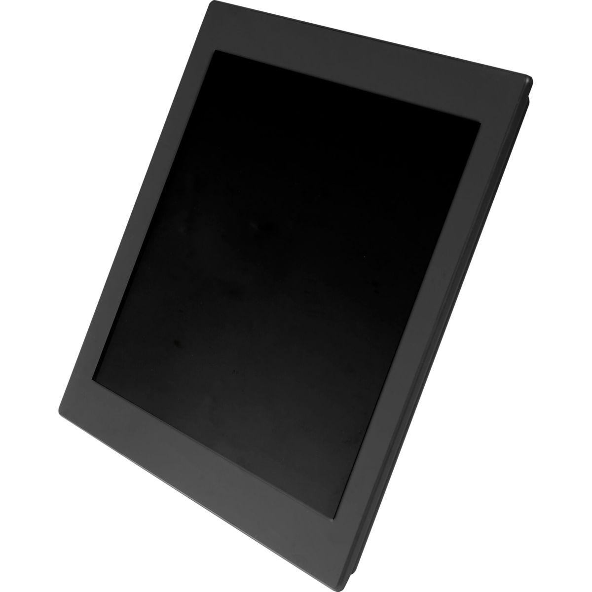 Un écran noir avec un cadre gris foncé, incliné sur un fond blanc.
