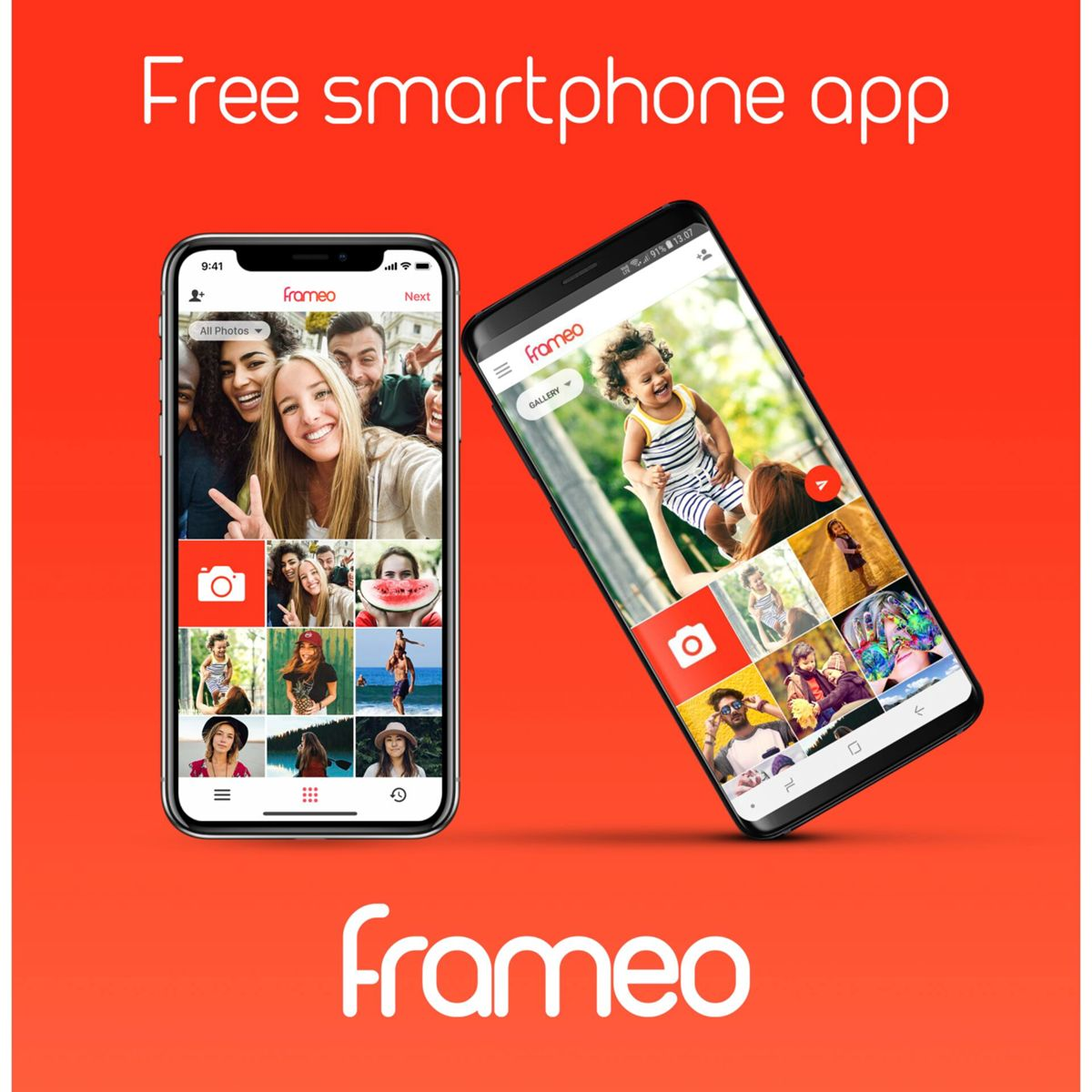 Deux smartphones affichant des photos et du texte. Le fond est orange vif et blanc.