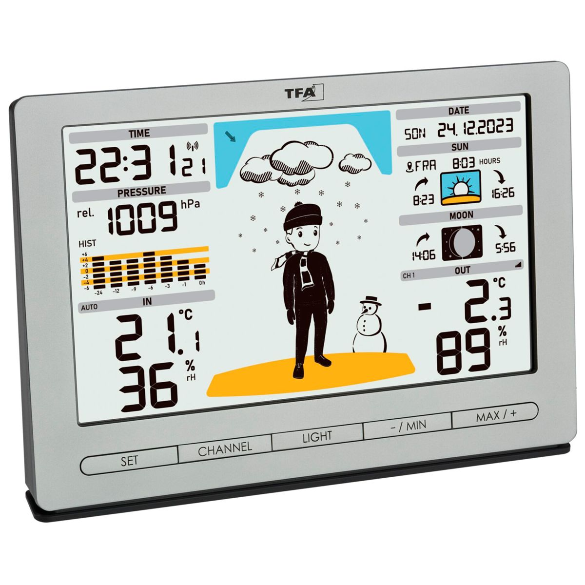 Una stazione meteorologica digitale con display che mostra ora, meteo e un pupazzo di neve dei cartoni animati.