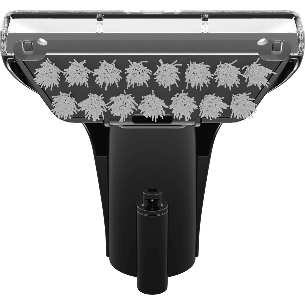 Zbliżenie czarnej głowicy odkurzacza z białym włosiem.