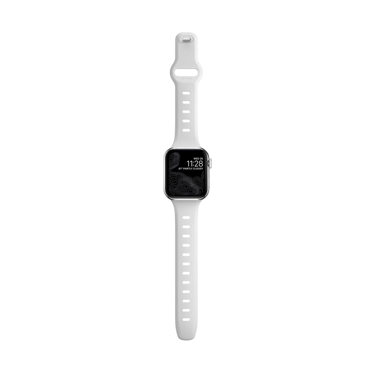 Biały Apple Watch z białym paskiem, widok z przodu.