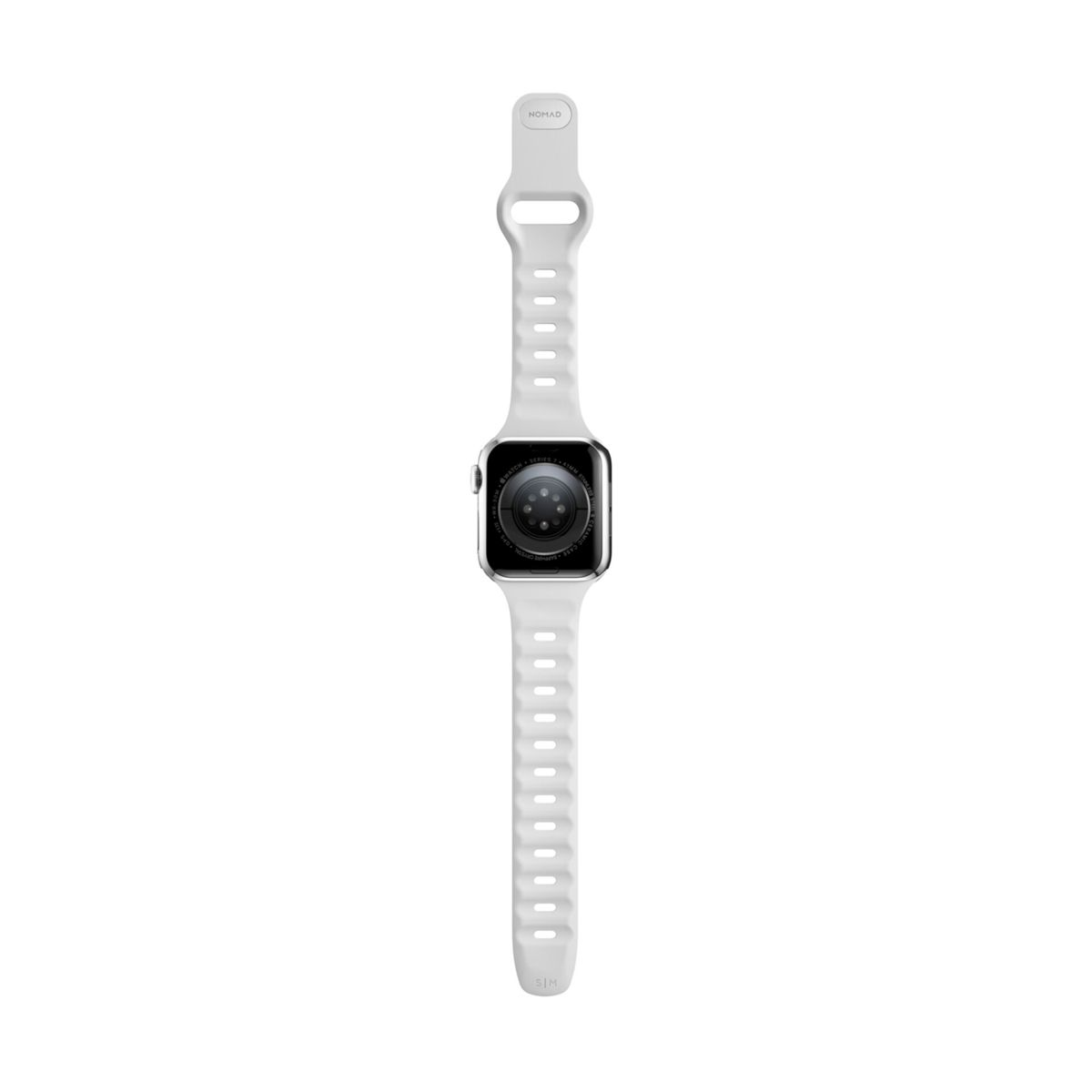 Biały Apple Watch z białym paskiem, widok z tyłu.