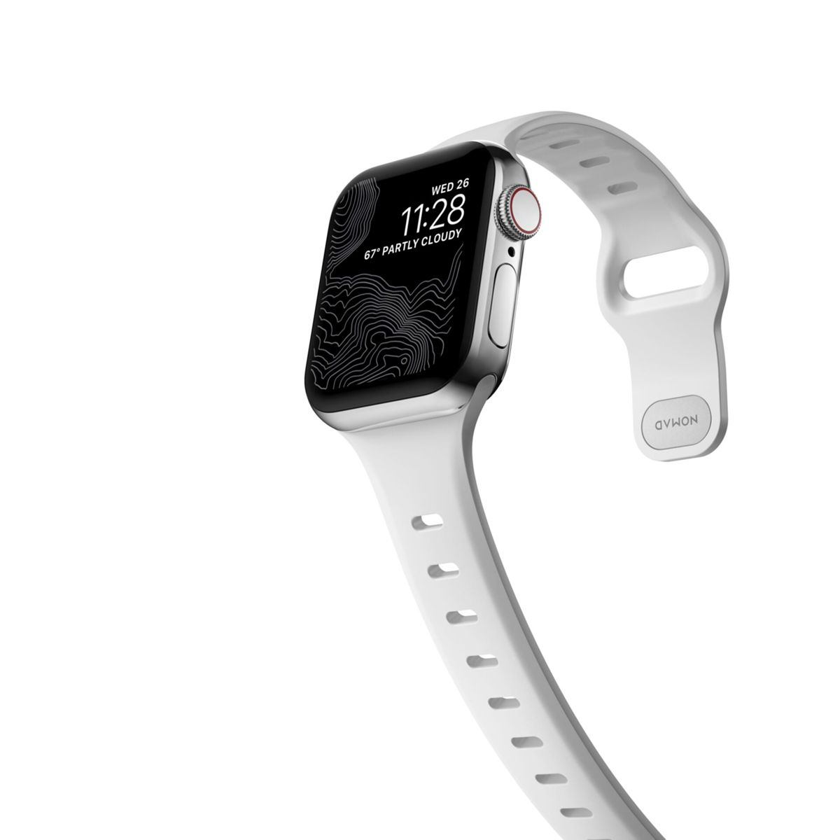 Srebrny smartwatch z białym paskiem, wyświetlający datę, godzinę i pogodę na czarnym ekranie.
