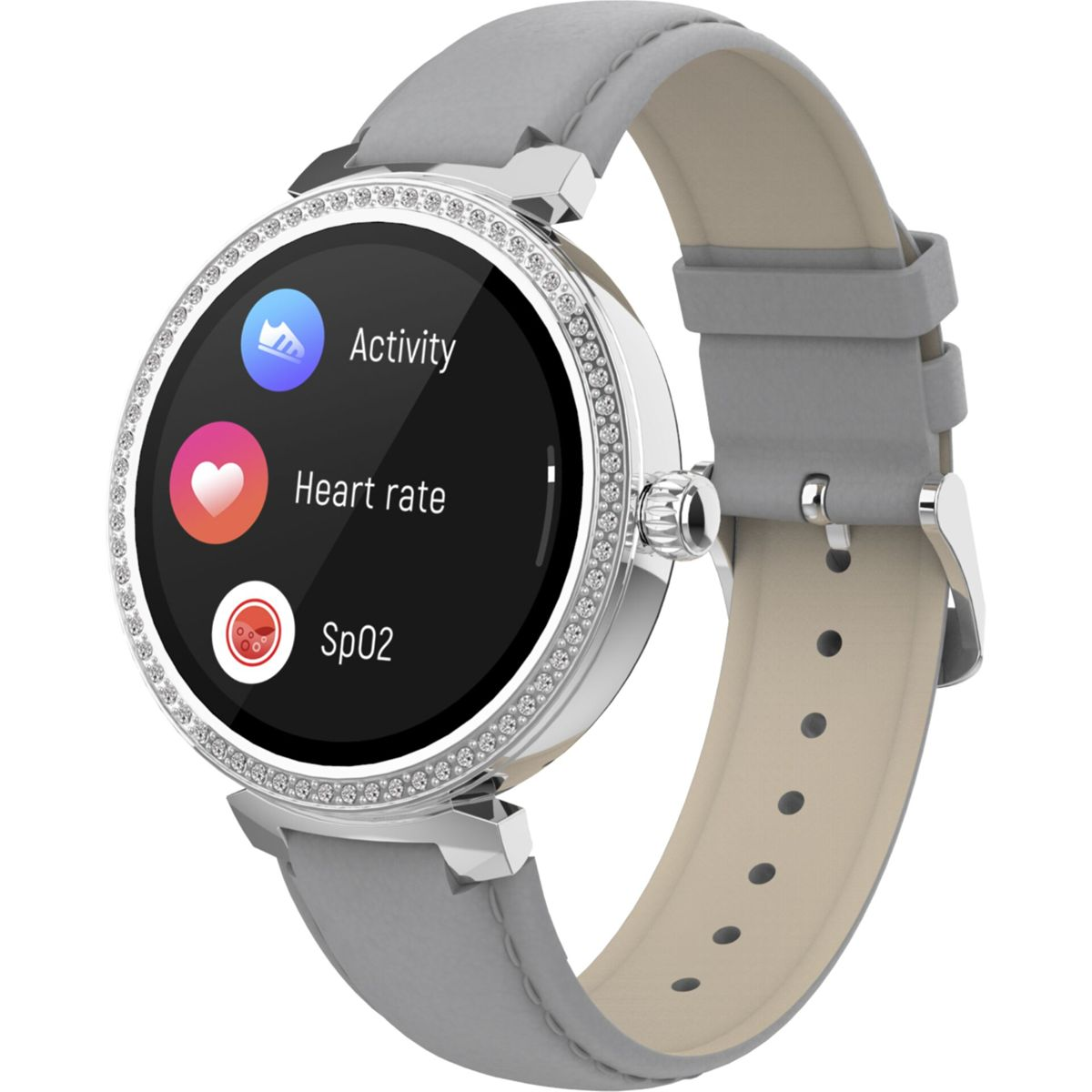 Eine Smartwatch mit silbernem Gehäuse und grauem Armband. Anzeige von Aktivitäts-, Herzfrequenz- und SpO2-Symbolen.
