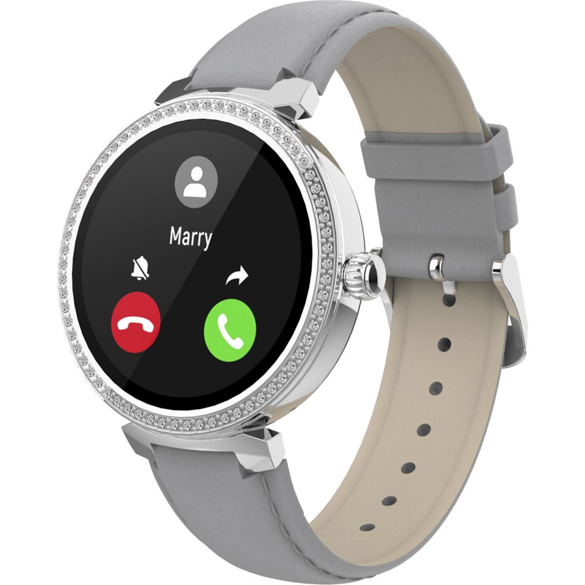 Silberne Smartwatch mit grauem Armband, die einen Anrufbildschirm mit 'Marry' und Anruftasten anzeigt.