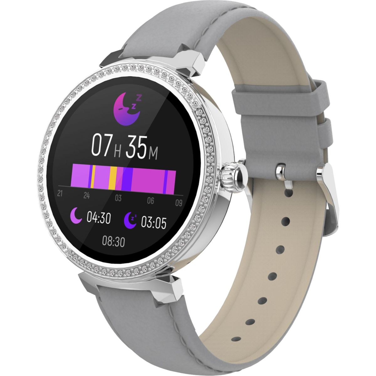 Eine silberne Smartwatch mit grauem Armband, die Schlafdaten und Uhrzeit anzeigt. Die Uhr hat eine silberne Lünette mit Kristallen.