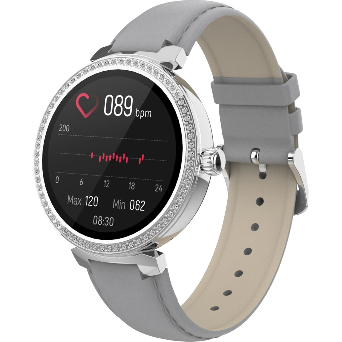 Eine silberne Smartwatch mit grauem Armband, die Herzfrequenzdaten anzeigt, die Lünette ist mit Kristallen verziert.