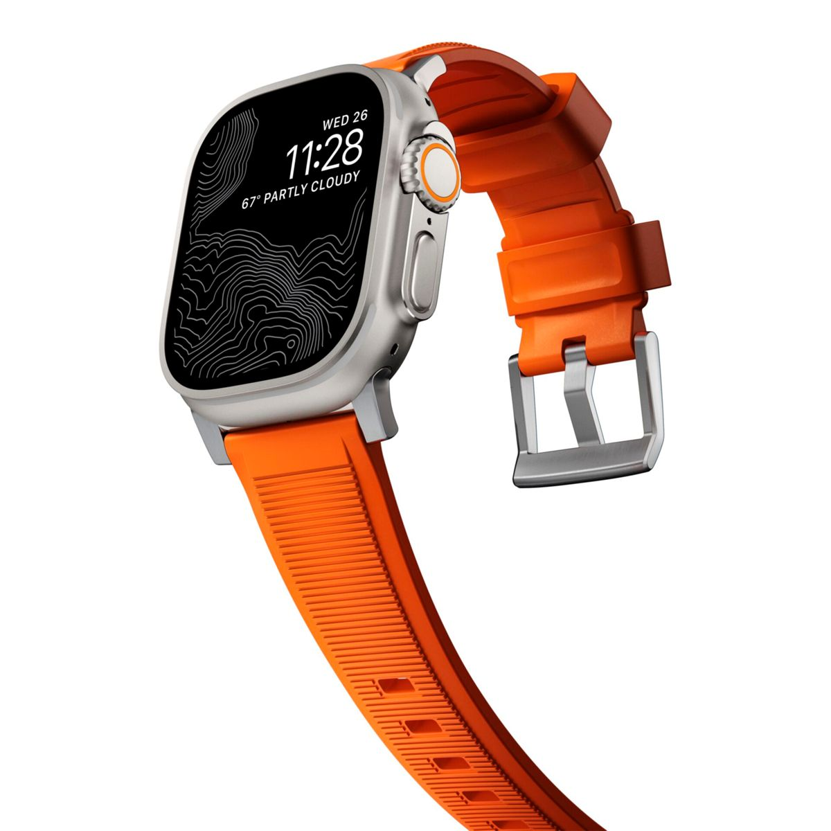 Apple Watch Ultra con correa naranja. La pantalla muestra la hora y el clima parcialmente nublado.