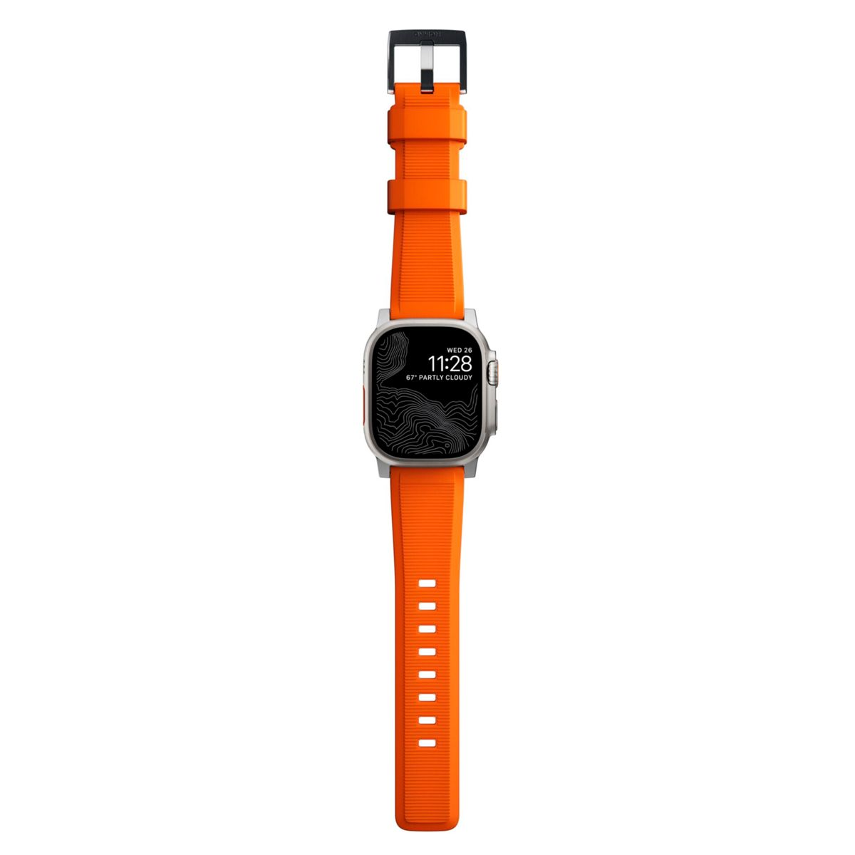 Un reloj inteligente plateado con correa naranja, que muestra la fecha, hora y clima en una pantalla negra.