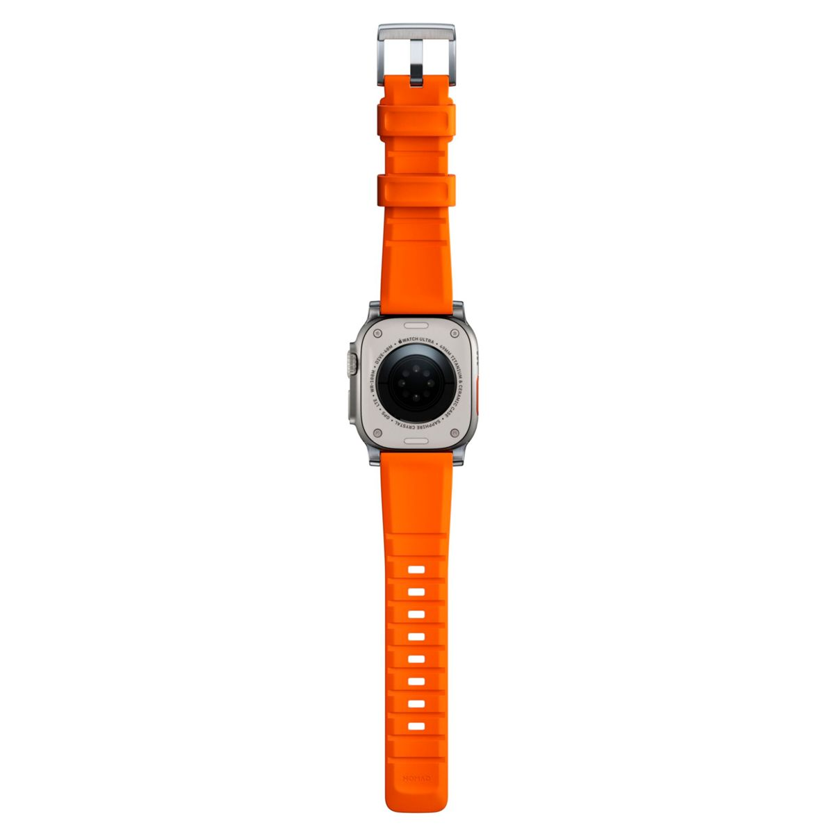 Vista trasera de un Apple Watch Ultra con una correa naranja.