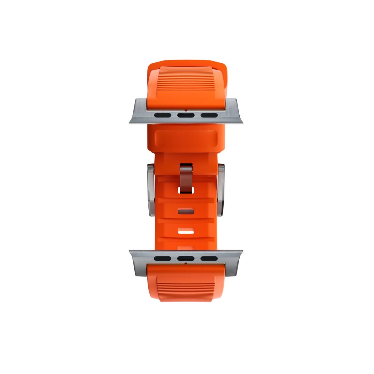 Correa de reloj naranja y plateada. Muestra los eslabones y el mecanismo de conexión. Fondo blanco.