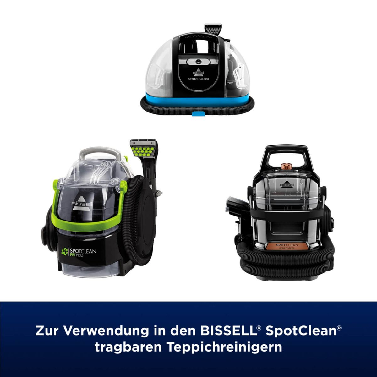 Drei verschiedene Bissell SpotClean Teppichreinigungsgeräte werden angezeigt.
