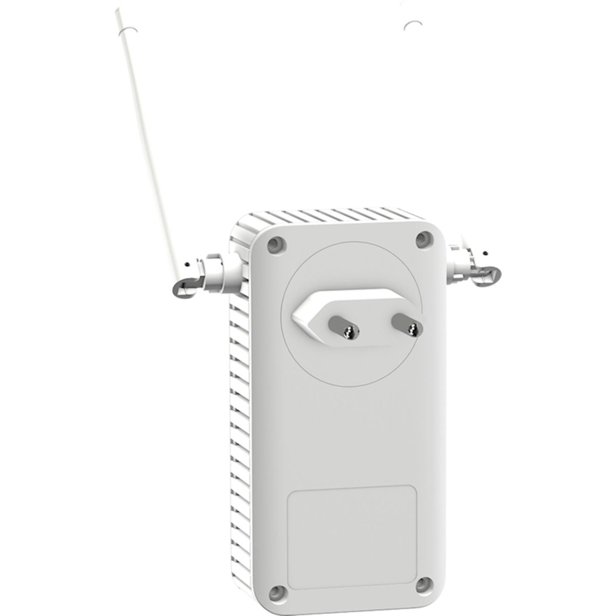 Biały wzmacniacz sygnału WiFi z dwiema antenami, podłączony do gniazdka. Znajduje się na białym tle.
