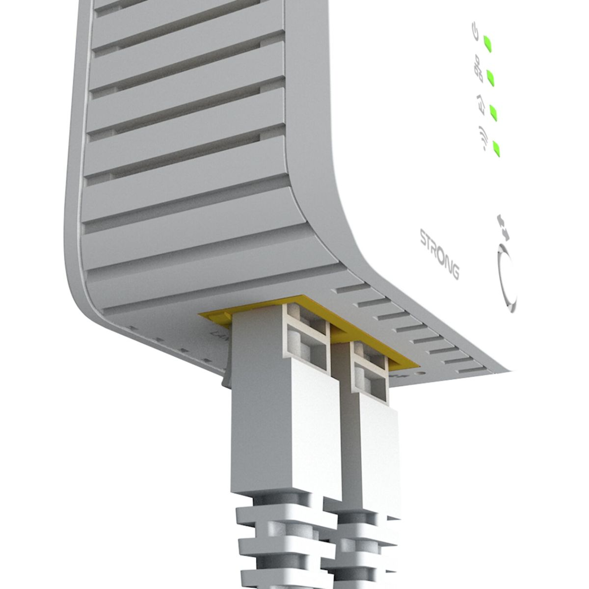 Zbliżenie białego wzmacniacza sygnału WiFi z dwoma wpiętymi kablami sieciowymi na białym tle.