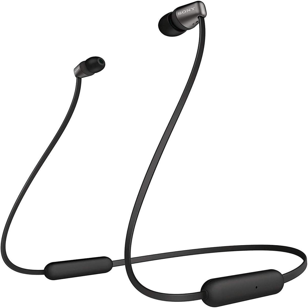 Czarne słuchawki Sony z pałąkiem na szyję, prosty i elegancki design.