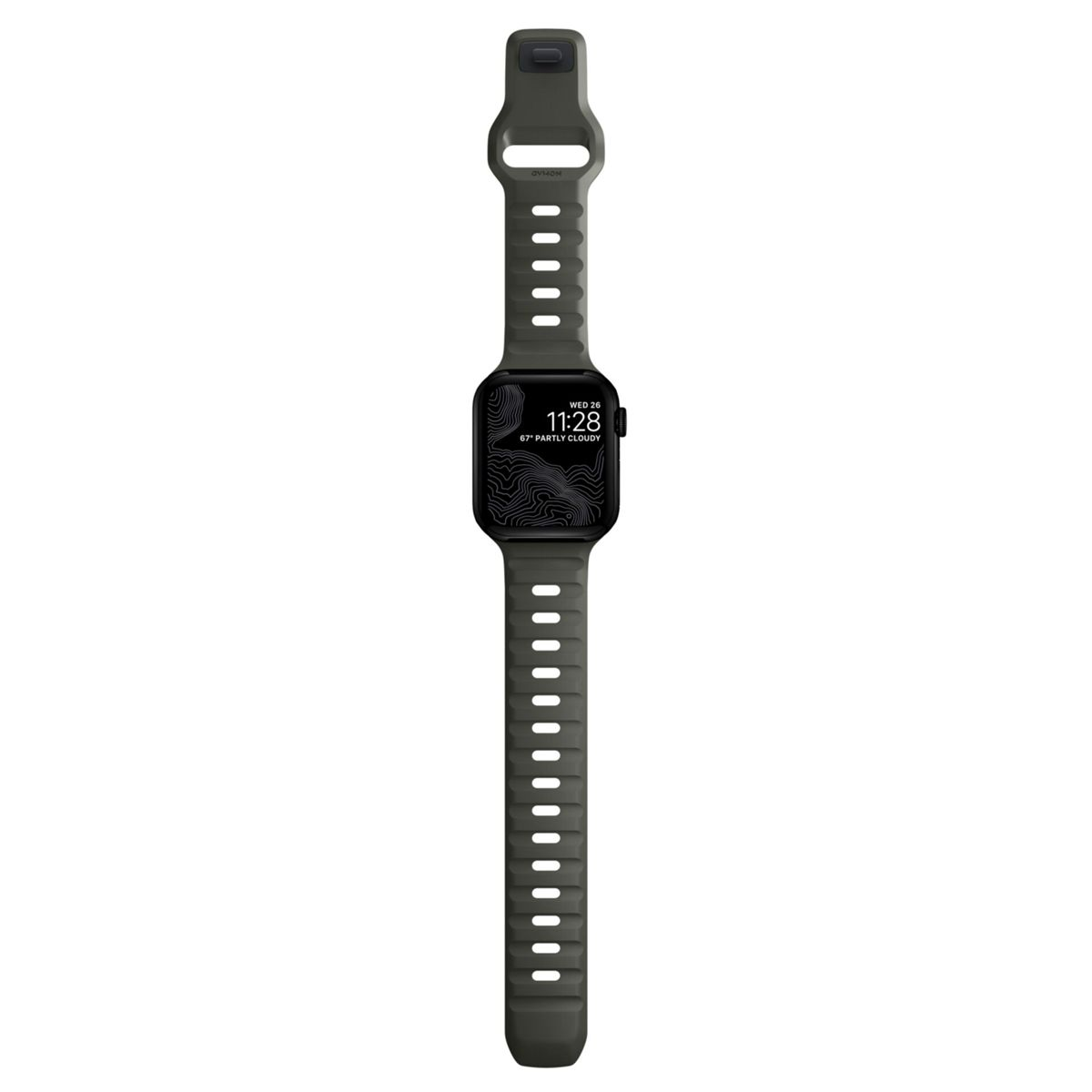 Eine Apple Watch an einem grünen Armband, die Uhrzeit und das Wetter anzeigt.