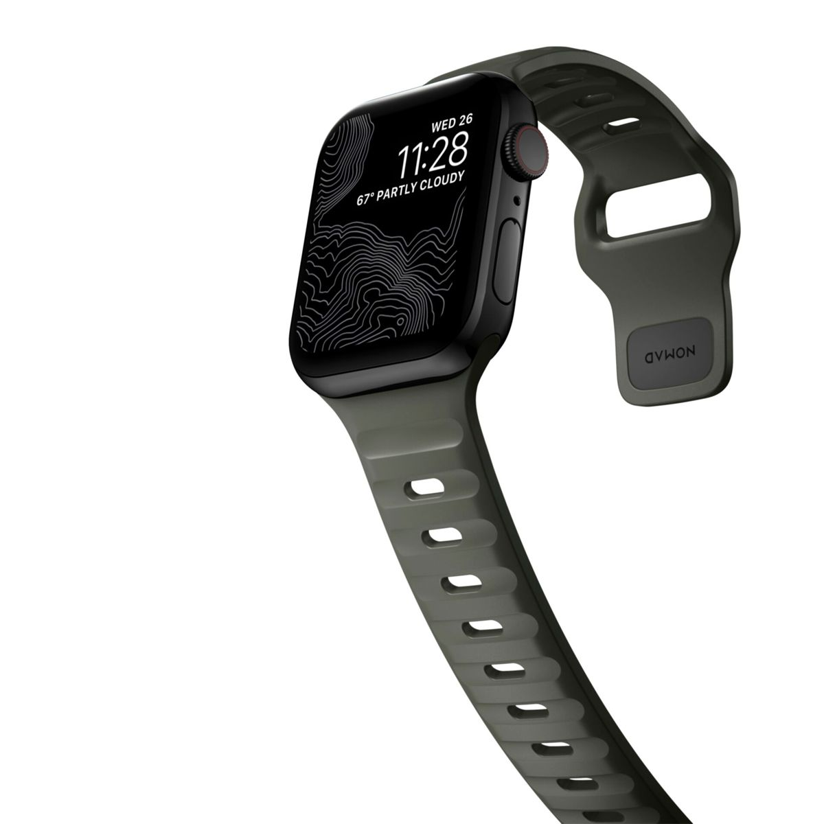Eine Apple Watch mit grünem Armband, abgewinkelt, um den Bildschirm zu zeigen.