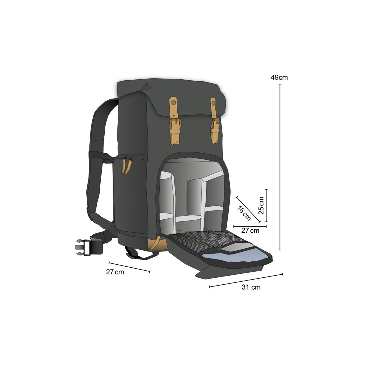 Ein grauer Rucksack mit offenen Fächern. Er hat mit cm markierte Abmessungen. Braune Lederriemen und Schnallen sind sichtbar.