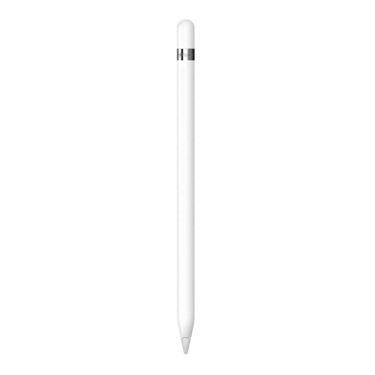 Biały Apple Pencil pokazany na białym tle, w pozycji pionowej. Ołówek ma srebrny pasek.