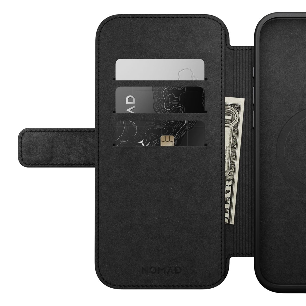 Schwarzes Handy-Portemonnaie mit Karten und einem Dollarschein. Mit Kartenfächern und Magnetverschluss. Ein Telefon sichtbar.