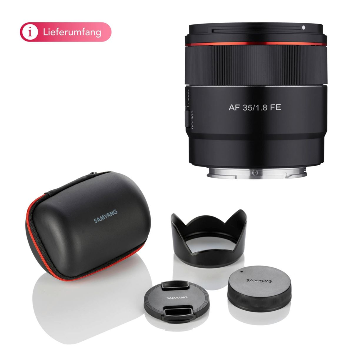 Czarny obiektyw z akcesoriami, w tym etui, osłoną przeciwsłoneczną i osłonami obiektywu, na białej powierzchni.