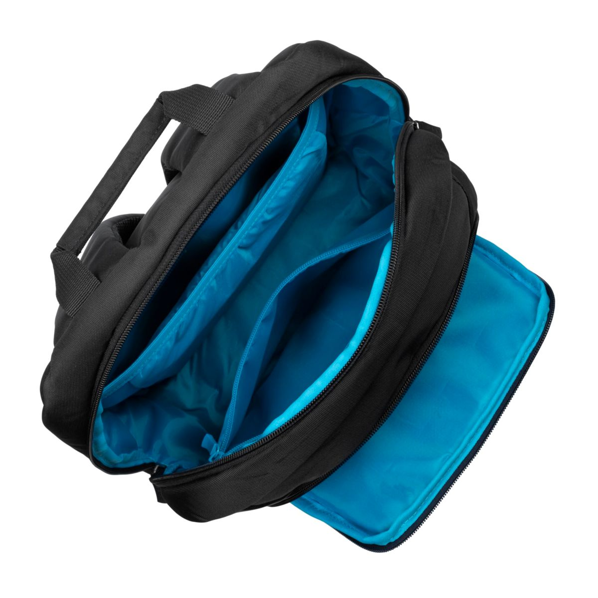 Eine schwarze Aktentasche, geöffnet, um mehrere blaue Innenfächer vor weißem Hintergrund zu zeigen.