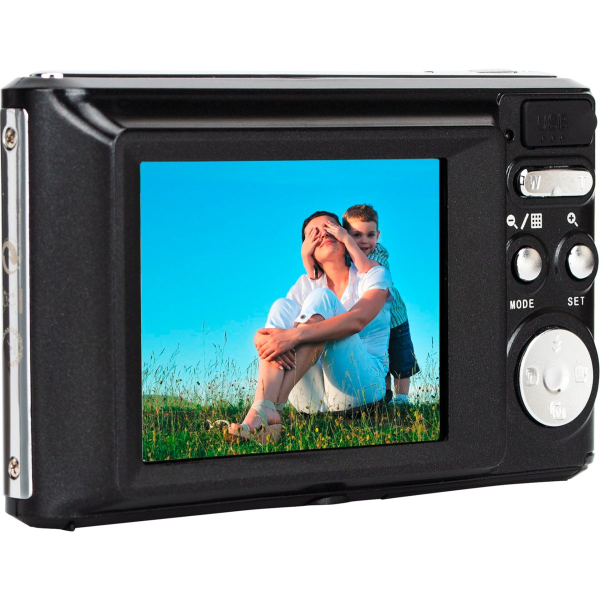 Czarny aparat wyświetlający zdjęcie kobiety i dziecka na zielonej trawie. Błękitne niebo.