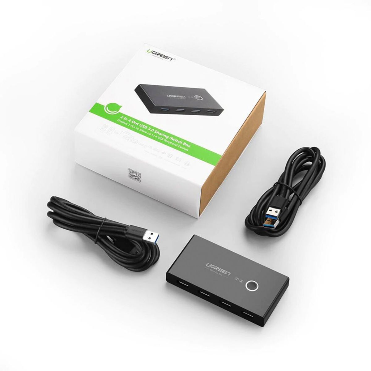 Przełącznik udostępniania USB UGREEN z kablami i pudełkiem.