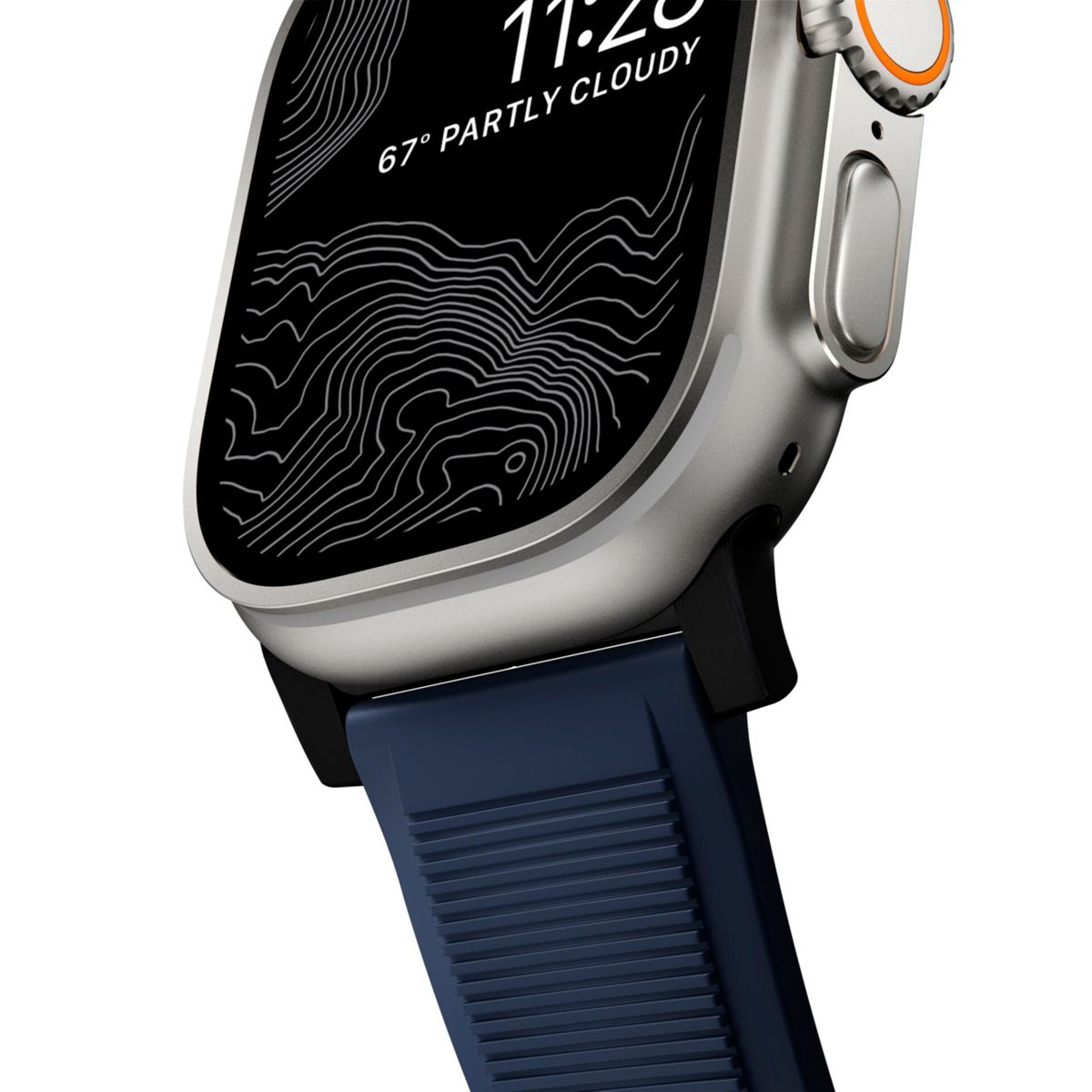 Primer plano de un reloj inteligente azul marino con la hora y el clima en la pantalla.
