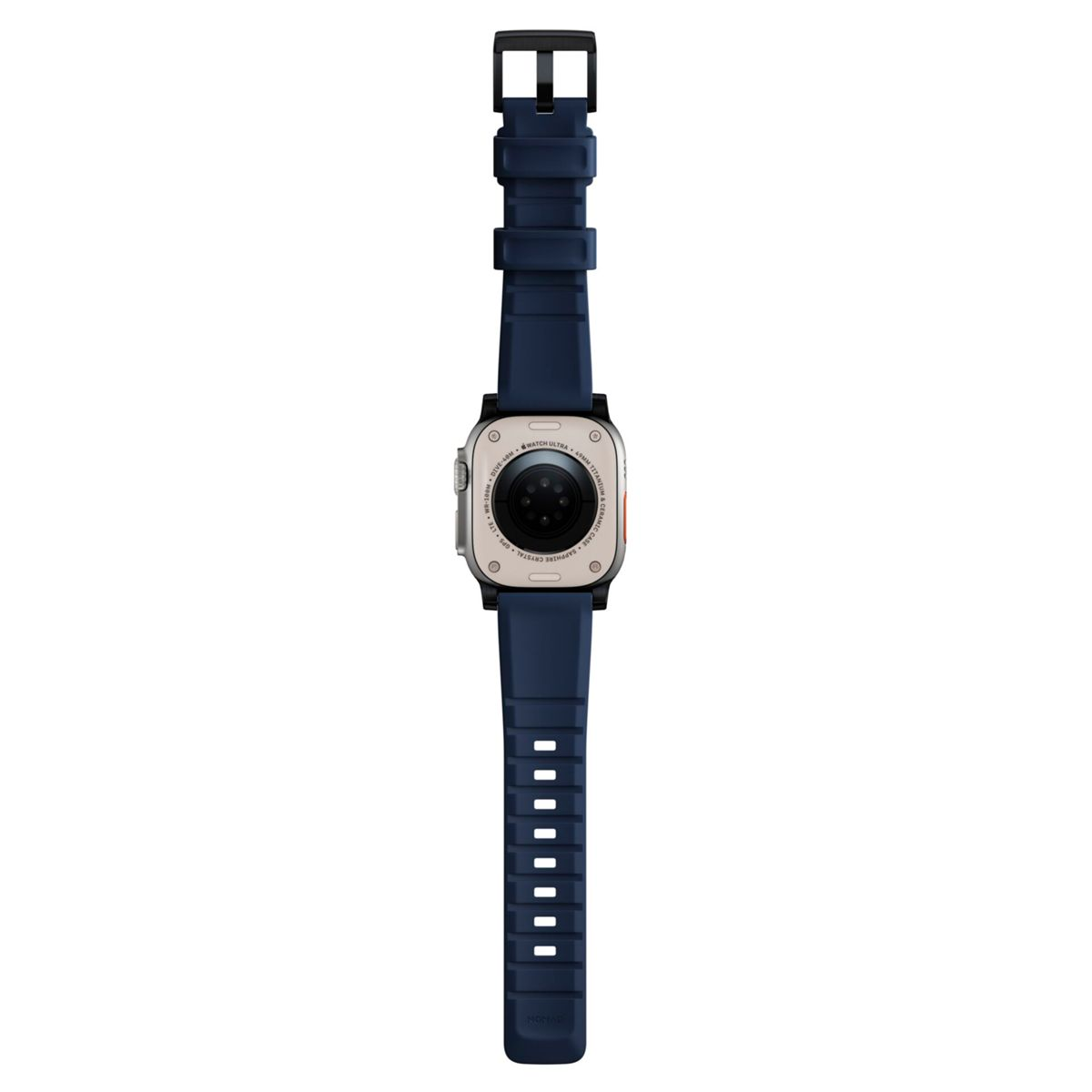 Un reloj inteligente azul marino con la parte trasera hacia arriba. La correa es azul marino y el reloj tiene un borde negro.