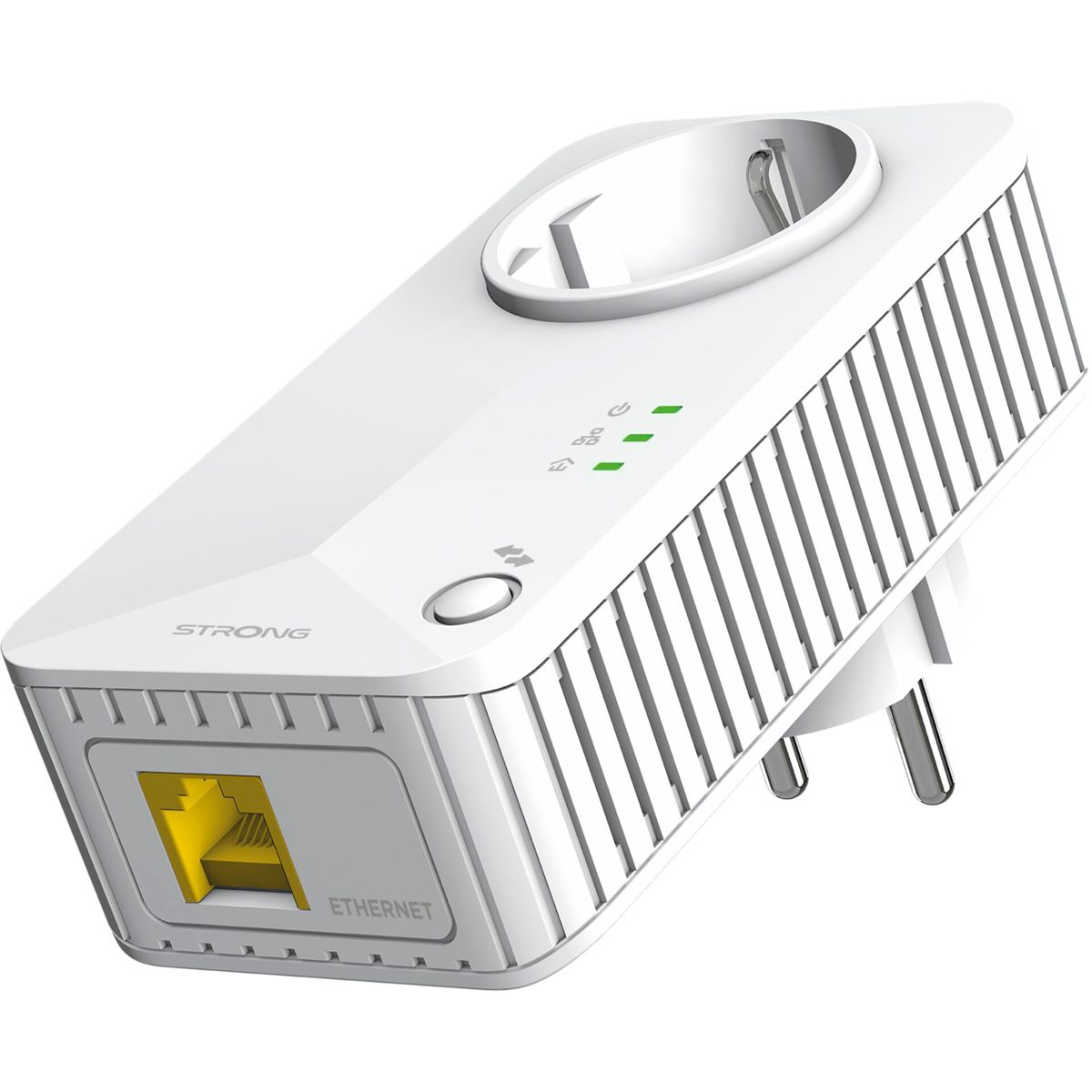 Biały adapter sieciowy z żółtym portem Ethernet i trzema zielonymi lampkami kontrolnymi.