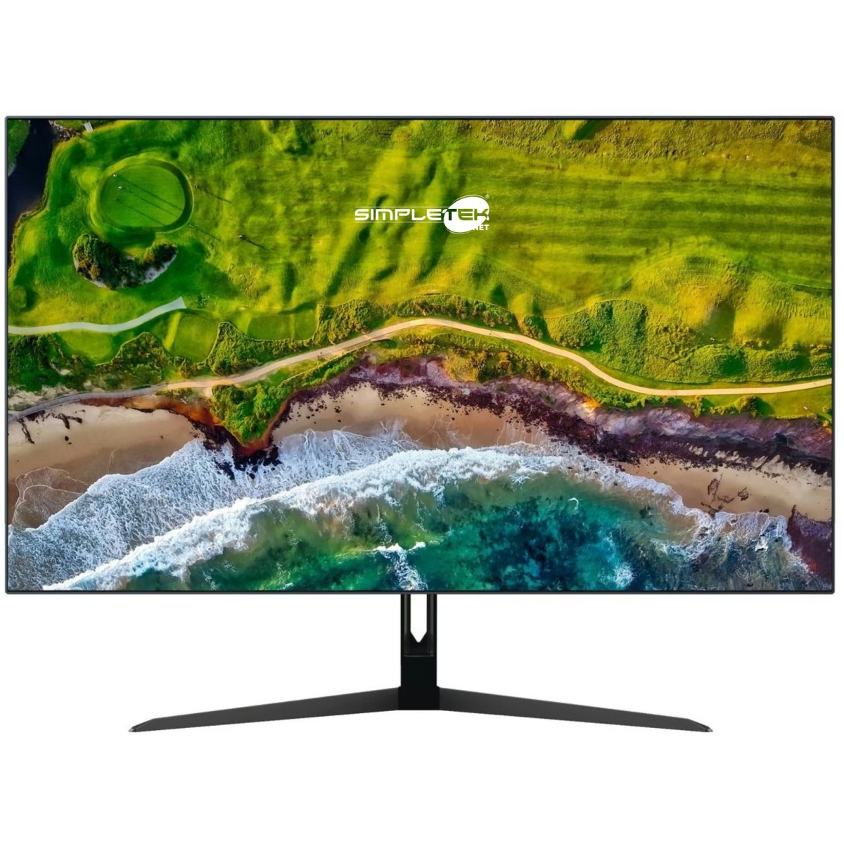 Un monitor ampio con un paesaggio verde con spiaggia e oceano.