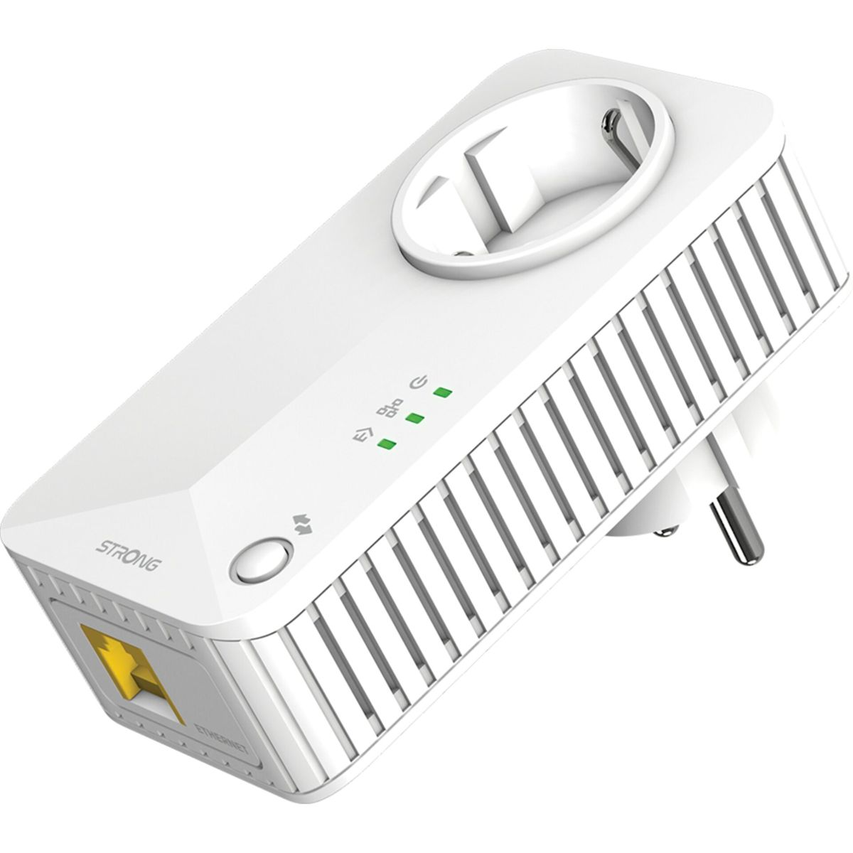 Extensor de red blanco con puerto ethernet y enchufe.