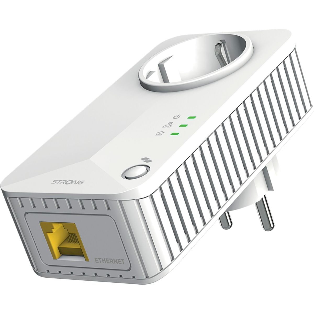 Extensor de red blanco con puerto ethernet y enchufe.