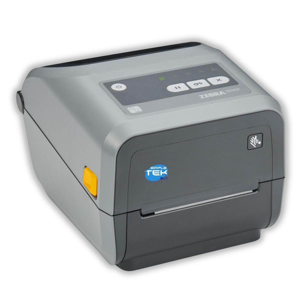 Szara i czarna drukarka Zebra ZD421 z żółtym przyciskiem.