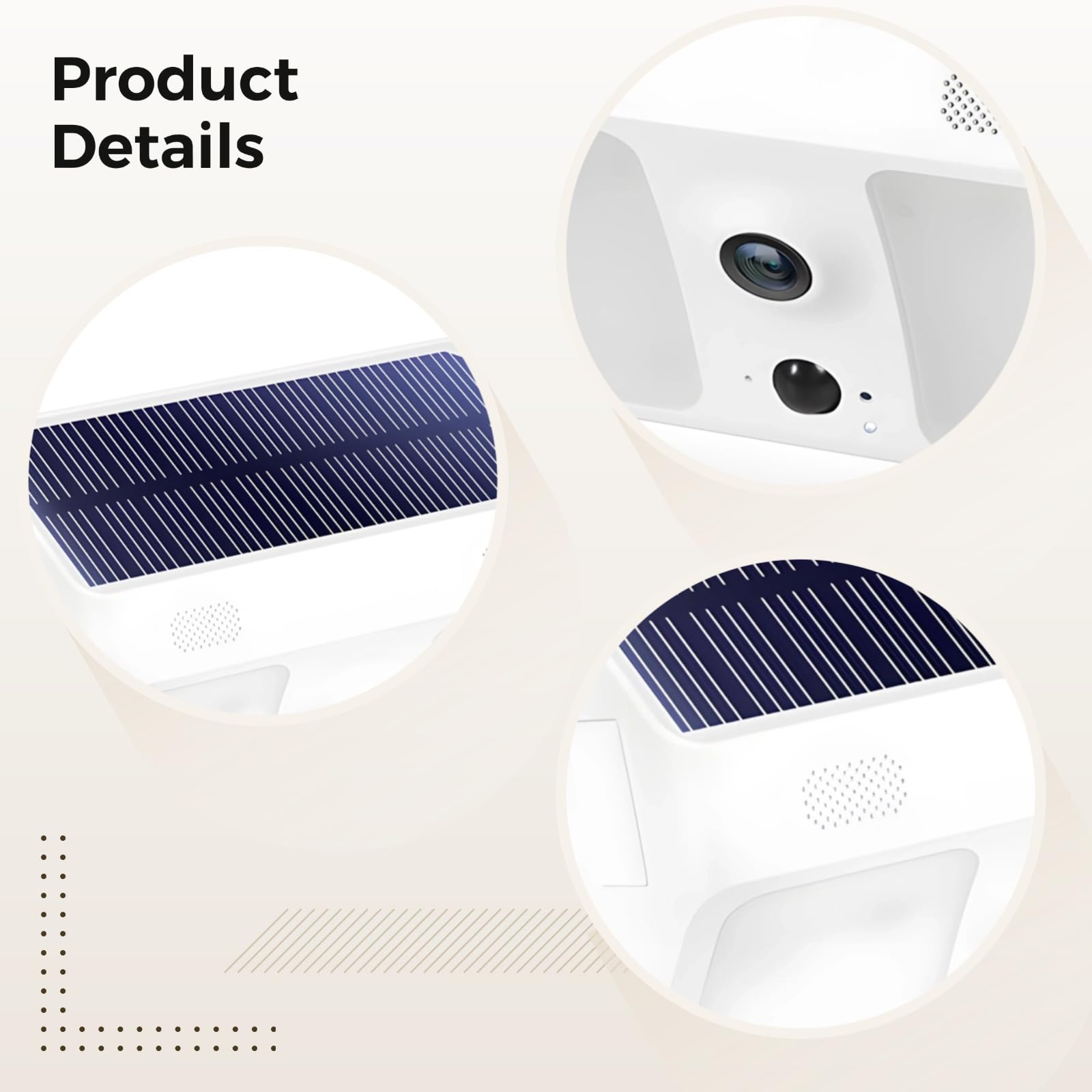 Nahaufnahme Produktdetails einer weißen Überwachungskamera mit Solarpanel, Objektiv und Lautsprecher.