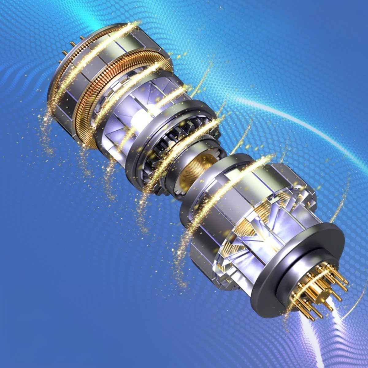 Eine Explosionszeichnung eines mechanischen Geräts, die interne Komponenten in einem Blau- und Goldschema zeigt.